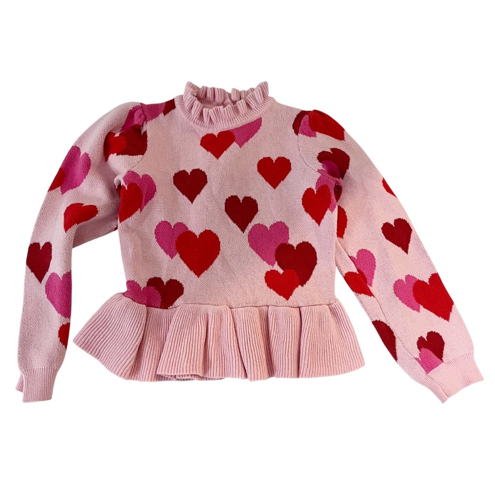 Janie and Jack Pink Heart Print Peplum Sweater Ruffle Valentines - Size Small
